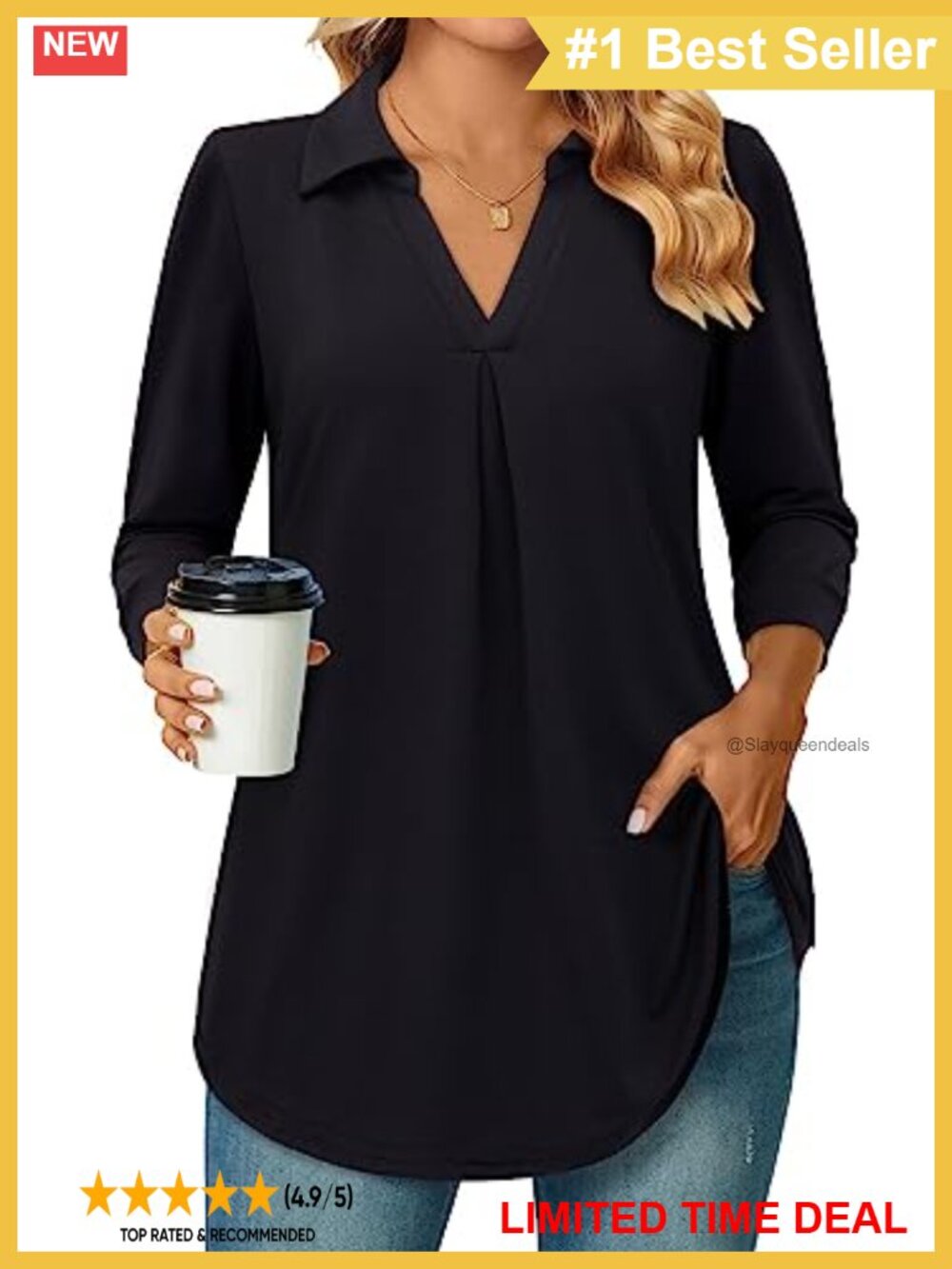 Women's V Neck Collared 3/4 Sleeve Tunic Blouse Roll Up Sleeve Work Top